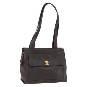 CHANEL Tote Bag Caviar Skin Dark Brown Gold CC Auth BA9375